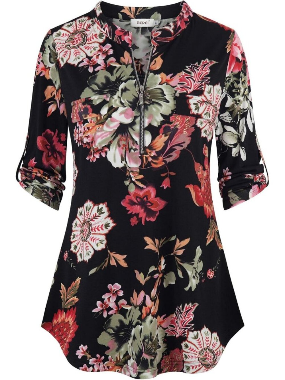 Floral 3/4 Sleeve Zip-Up V-Neck Blouse - Stylish Work Office Top for Women